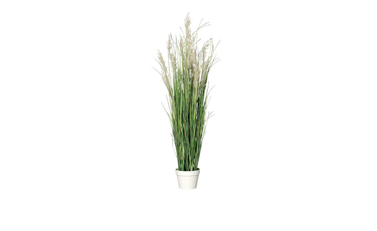 Gras 121 cm aus Kunststoff in grün mit weißen Applikationen und Untertopf.