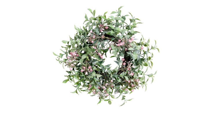 Ruscus-Kranz mit Blüten 28 cm aus Kunststoff mit rosa Applikationen.