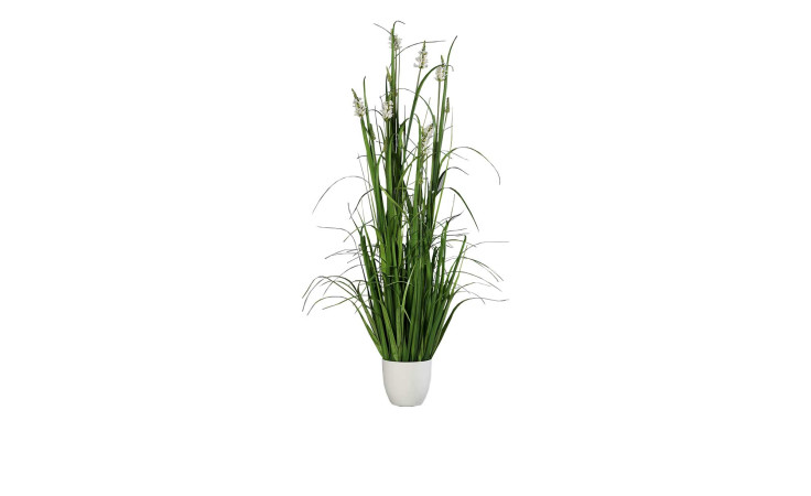 Gras 135 cm aus Kunstoff in grün mit weißen Applikationen und Untertopf.
