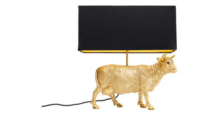 Tischleuchte Cow Gold 52 cm, Goldene Kuh, Schwazer Lampenschirm