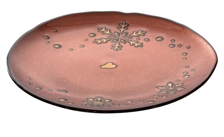 Teller Autentico 17 cm aus rotem Glas mit goldenen Schneeflocken.