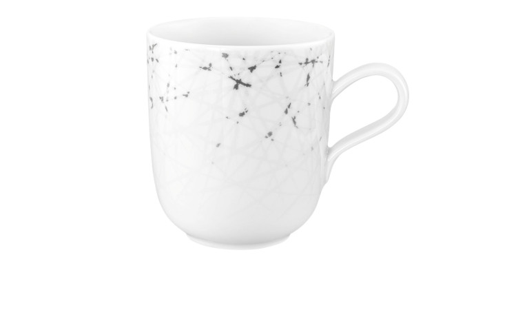 Henkelbecher Liberty 400 ml aus weißem Porzellan mit geometrischem Motiv in schwarz-grau.