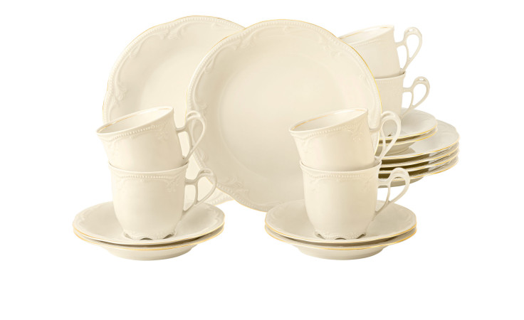 Kaffeeservice Rubin aus Porzellan in beige mit goldenem Rand bestehend aus 18 Teilen.