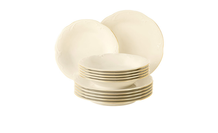 Tafelservice Rubin aus Porzellan in beige mit goldenem Rand bestehend aus 12 Teilen.
