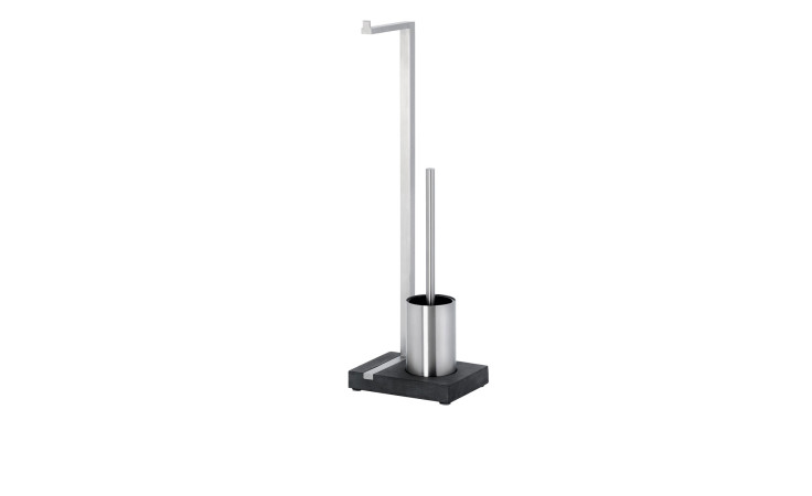 Toilettengarnitur Menoto 63,5 cm aus Edelstahl. Der Toilettenpapierhalter, WC-Bürste und WC-Garnitur ist in silber, die Bodenplatte ist in anthrazit.  