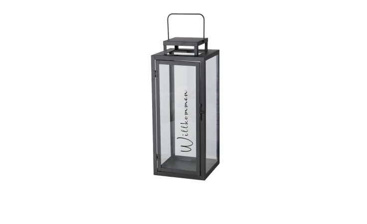 Laterne Berlin 50 cm in schwarz aus Metall und Glas, mit Schriftzug "Willkommen" 