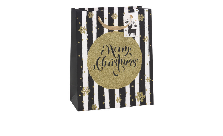 Geschenktüte 32 cm aus Papier in schwarz / weißen Streifen und goldenen Applikationen.