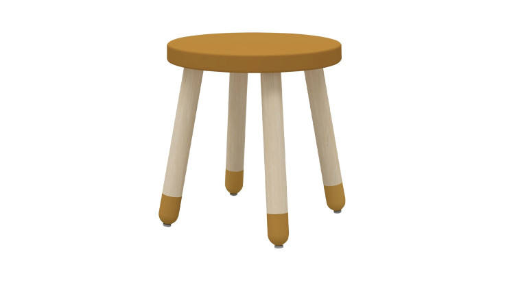 Kinderhocker Dots in senfgelb mit holzfarbenen Beinen.