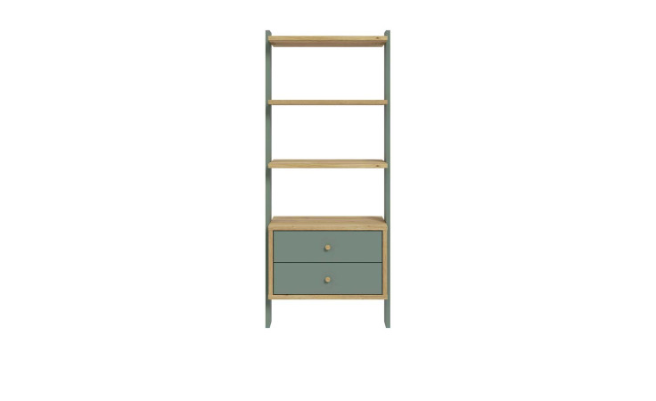 Regal Winston in der Farbkombi Mauvella oak / Salbeigrün, mit 2 Schubkästen und 1 Ablage, Frontansicht