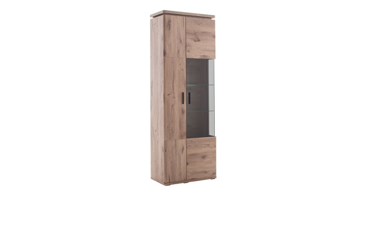 Basis-Kombivitrine Modesto aus Holzwerkstoff in Viking Oak mit einem Glasauschnitt.