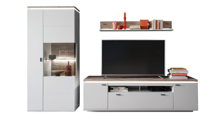 Komfort-Wohnwand Amant aus Holzwerkstoff in Modern White mit einer Viking Oak Absetzung.