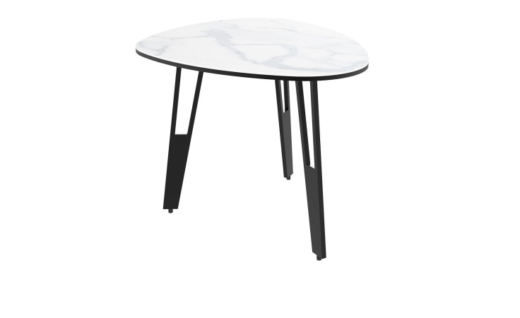 Beistelltisch MONDO Varium mit einer Glas-Keramik Tischplatte in Marmoroptik Weiß mit einem schwarem Stahlgestell.