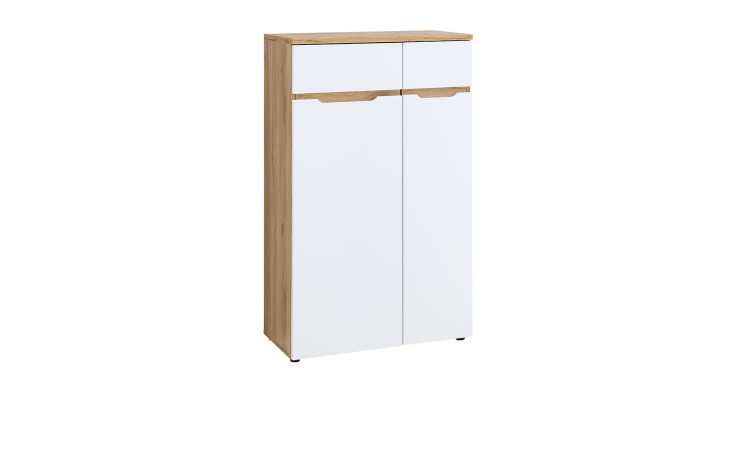 Büroschrank vito Clyde mit holzfarbenem Korpus und weißer Front. Schräg von vorne.
