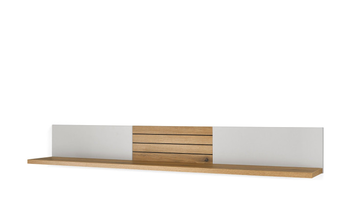 Wandregal weiß mit Holzabsetzung ca. 150 cm breit, seitliche Ansicht