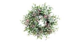 Ruscus-Kranz mit Blüten 28 cm aus Kunststoff mit rosa Applikationen.