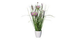 Wiesenblumengras 34 cm aus Kunststoff in grün mit lila Blüten und Applikationen. Zusätzlich mit einem weißen Untertopf in weiß.