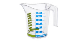Messbecher Domino 150 ml aus Kunststoff mit farbiger Beschriftung.