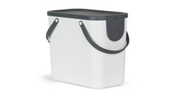 Recycling Müllsystem Albula 25 l aus weißem Kunststoff und schwarzem Deckel und Griffen.