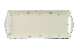 Kuchenplatte Marieluise 34,5 x 15 cm aus Porzellan mit floralem Motiv.