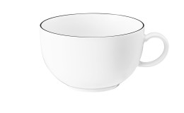 Milchkaffeetasse Lido 350 ml aus weißem Porzellan mit schwarzem Rand.