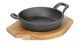 BBQ Gusseisen-Pfanne mit Holzbrett, Durchmesser 16 cm