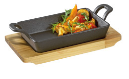 Pfanne BBQ mit Holzbrett aus Gusseisen schwarz