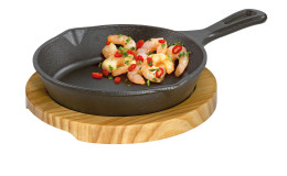 Pfanne BBQ mit Holzbrett, rund mit Stiel, aus Gusseisen schwarz
