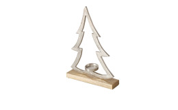 Teelichthalter 37 cm aus einer silbernen Aluminium Tannbaumform mit einem Unterboden aus Holz.