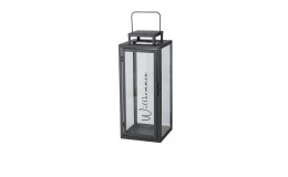 Laterne Berlin 50 cm in schwarz aus Metall und Glas, mit Schriftzug "Willkommen" 