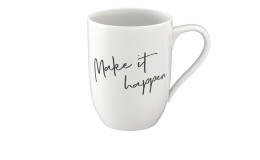 Becher mit Statement "Make it happen" 340 ml in weiß mit schwarzer Schrift 