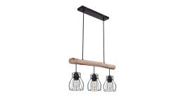 Pendelleuchte Mina aus Metall in schwarz mit einer Applikation aus Holz und drei Spots. Seitenansicht