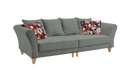 Big Sofa Anthrazit, Füße Eiche Natur, Rückenkissen in Bezugsfarbe sowie zwei Kissen mit floralem Muster