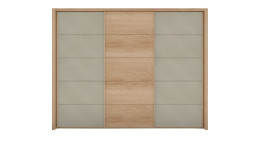 Komfort-Schwebetürenschrank Cassina in Eiche und Türen in Farbglas Champanger.