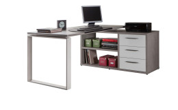 Schreibtisch-Kombination Design-Office in Beton und einer Schubkastenfront Absetzung in Hochglanz Weiß und einer silbernen Kufe.  