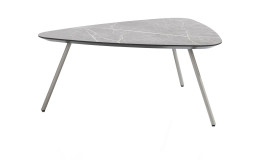 Couchtisch Niora mit Tischplatte in Marmor Dekor und drei Tischbeinen in Seidengrau