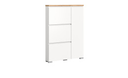 Schuhschrank Shoes mit 3 Klappen und 1 Tür, in der Farbe Weiß und einem Oberboden in Nox Oak Nachbildung