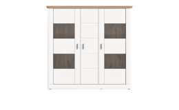 Highboard Manhattan in weiß mit einer Abdeckplatte in Nox Oak. Frontalansicht.