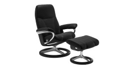 Relaxsessel mit Hocker Stressless Consul M Signature mit Bezug aus Batik Echtleder in Black und Gestell aus schwarzem Holz und poliertem Aluminium