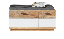 Garderobenbank MONDO Lisana mit Fronten weiß und Wildeiche massiv, Korpus in Old Artisan Eiche-Nachbildung, mit 1 Klappe, 1 Tür und Sitzkissen, Breite 110 cm