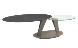 Couchtisch MONDO Varium mit einer Glas-Keramik Tischplatte in Titan und einer transparenten Glastischplatte mit einem Stahlgestell in Taupe..