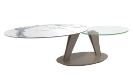 Couchtisch MONDO Varium mit einer Glas-Keramik Tischplatte in Marmoroptik Weiß und einer transparenten Glastischplatte mit einem Stahlgestell in Taupe..
