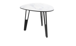 Beistelltisch MONDO Varium mit einer Glas-Keramik Tischplatte in Marmoroptik Weiß mit einem schwarem Stahlgestell.