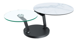 Couchtisch MONDO Varium mit einer Glas-Keramik Tischplatte in Marmoroptik Weiß und einer Klarglasplatte mit einem schwarzen Stahlgetsell.