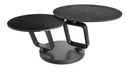 Couchtisch MONDO Varium mit zwei Glas-Keramik Tischplatten in Titan mit einem scwarzem Gestell.