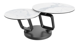 Couchtisch MONDO Varium mit zwei Glas-Keramik Tischplatten in Marmoroptik Weiß mit einem scwarzem Gestell.