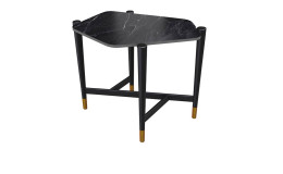 Beistelltisch MONDO Varium mit einer Keramik Tischplatte in  Marmoroptik Marquina und einem schwarzem Stahlgestell.