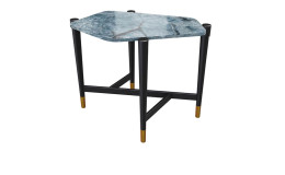 Beistelltisch MONDO Varium mit einer Keramik Tischplatte in Marmoroptik Onyx Blau und einem schwarzem Stahlgestell.