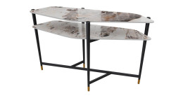 Konsole MONDO Varium mit Keramik Platten in Marmoroptik Calcatta und einem schwarzem Stahlgestell.