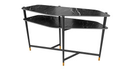 Konsole MONDO Varium mit Keramik Platten in Marmoroptik Marquina und einem schwarzem Stahlgestell.