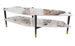 TV-Konsole MONDO Varium mit Keramikplatten in Marmoroptik Calcatta und einem schwarzem Stahlgestell.